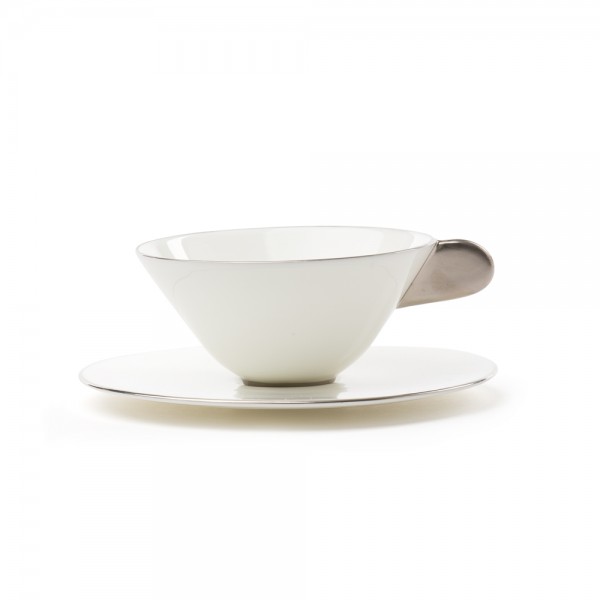Five O'clock', tea cup & saucer, white with platine border Five O'clock', tea cup & saucer, white with platine border