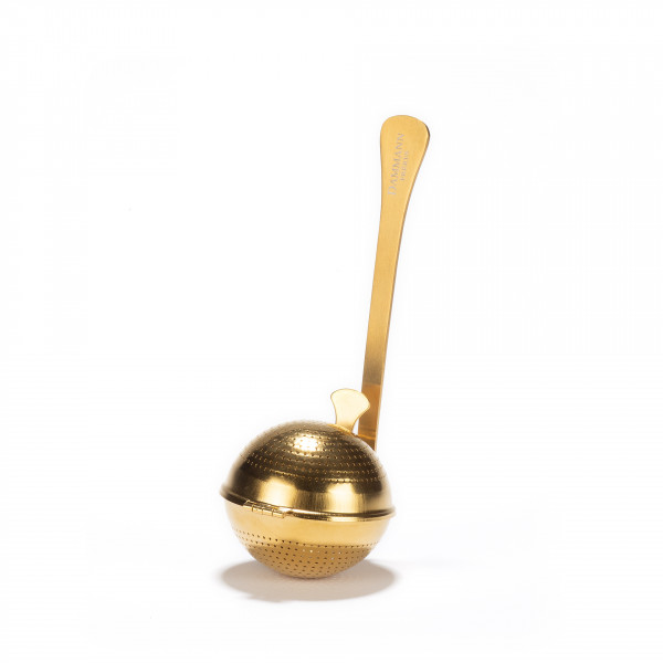 Perforated stainless steel tea ball titanium gold finish