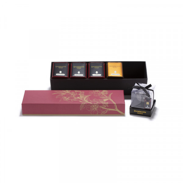 "EXQUIS" gift set - 3 assorted teas 1 rooibos and 1 infuser in a pink gift box
